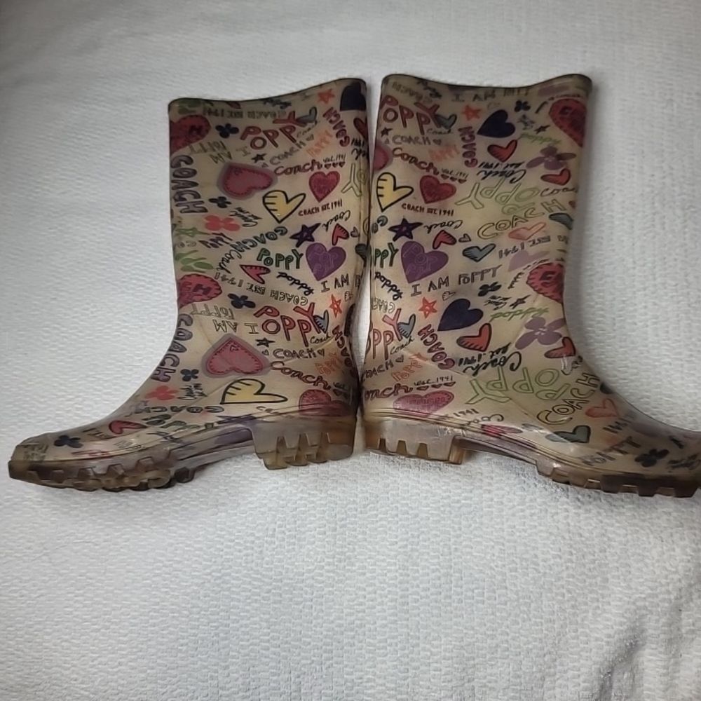 Coach Poppy Multicolor Heart Print Rain Boots